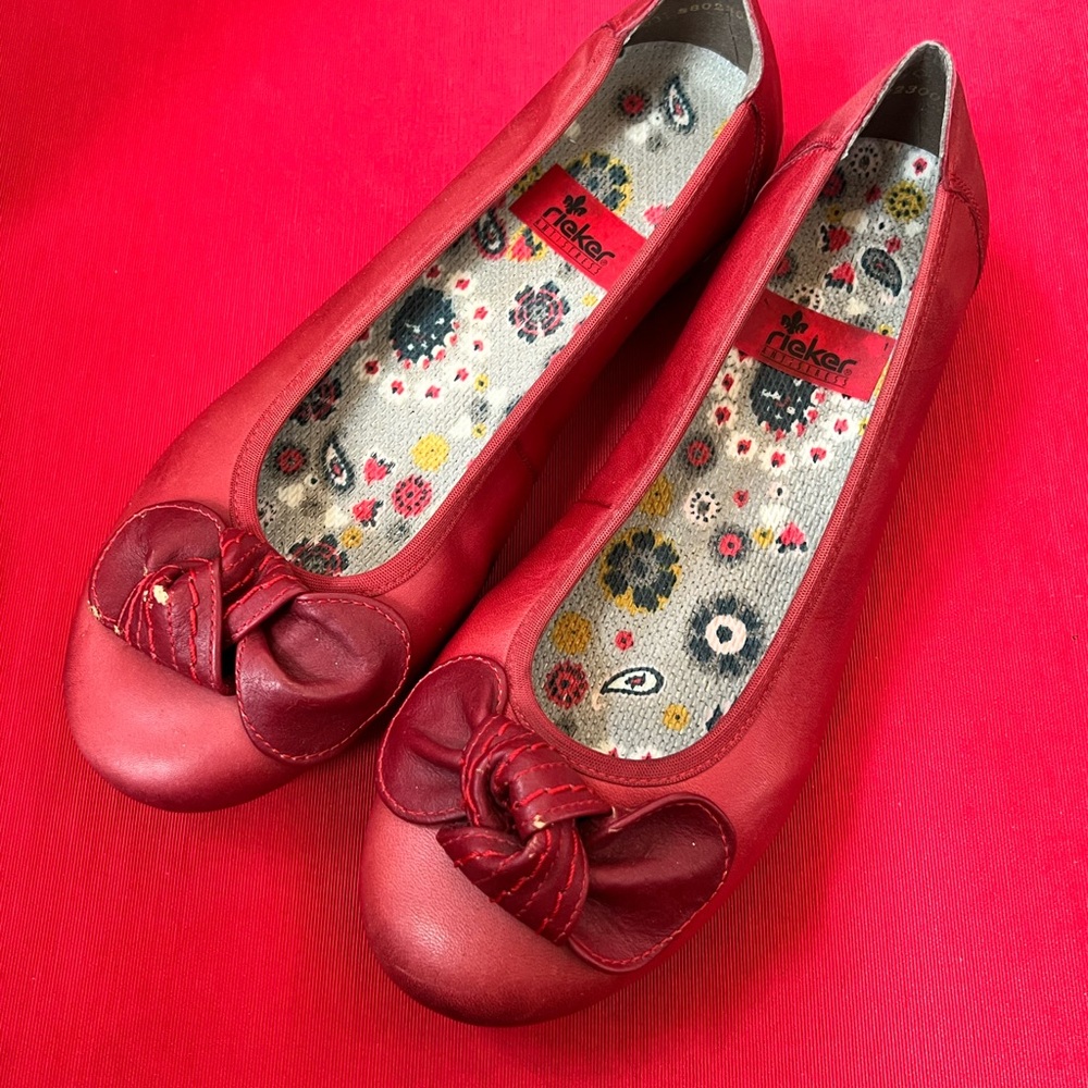 40 RIEKER comfort boho bow red slip on shoe rubber sole leather skimmer